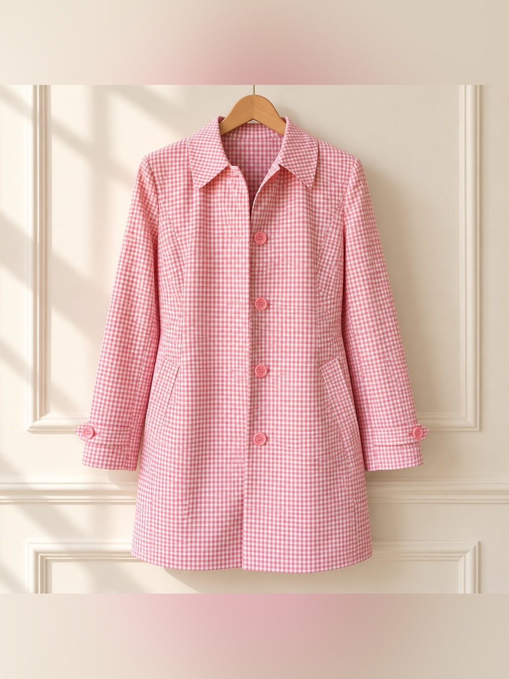 Ann Taylor LOFT Pink White Gingham Coat Petite Medium MP NWOT
